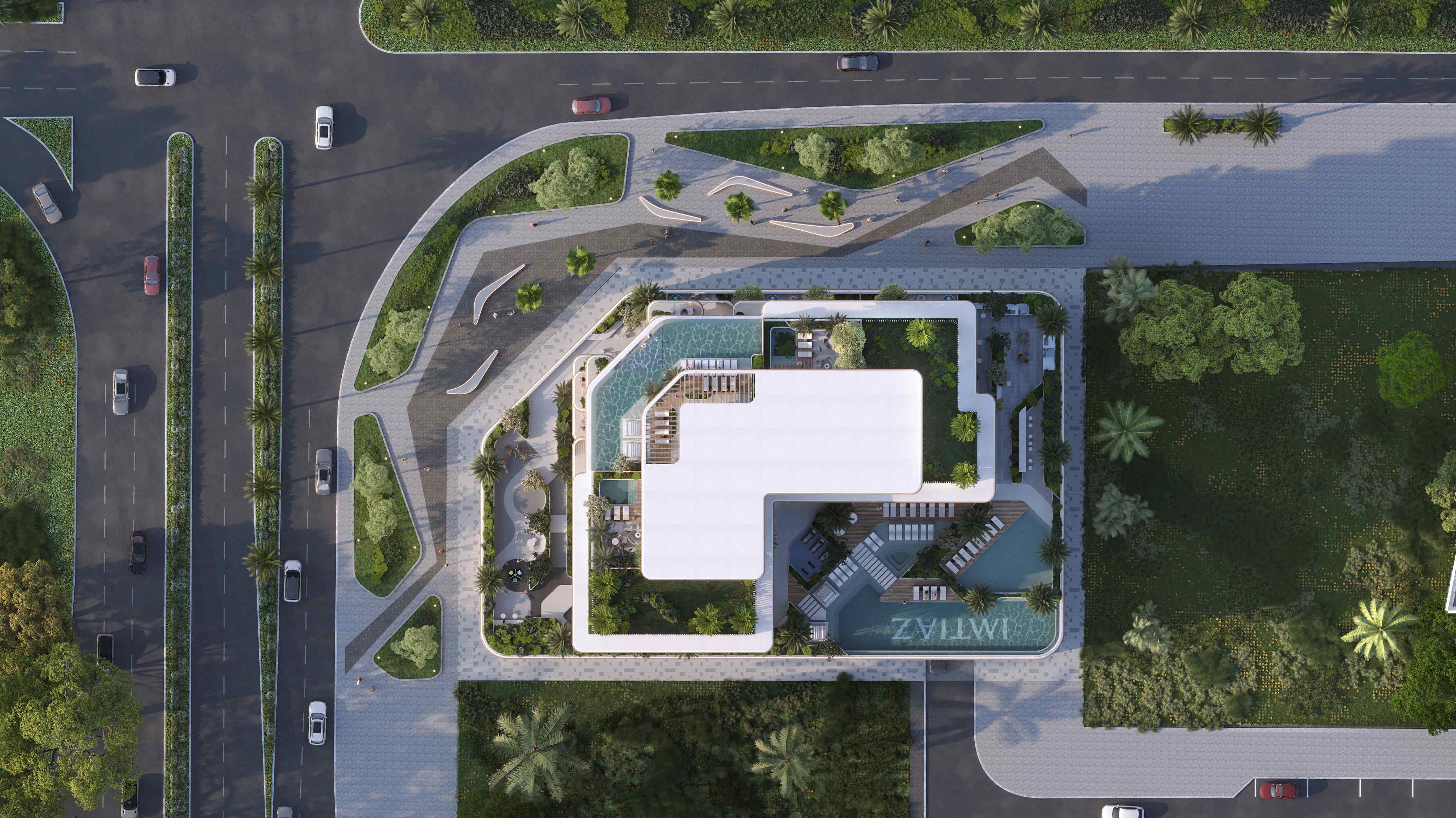 Sunset Bay Grand By Imtiaz Aerial view of a modern building with a pool, surrounded by landscaped gardens, roads, and parked cars.
